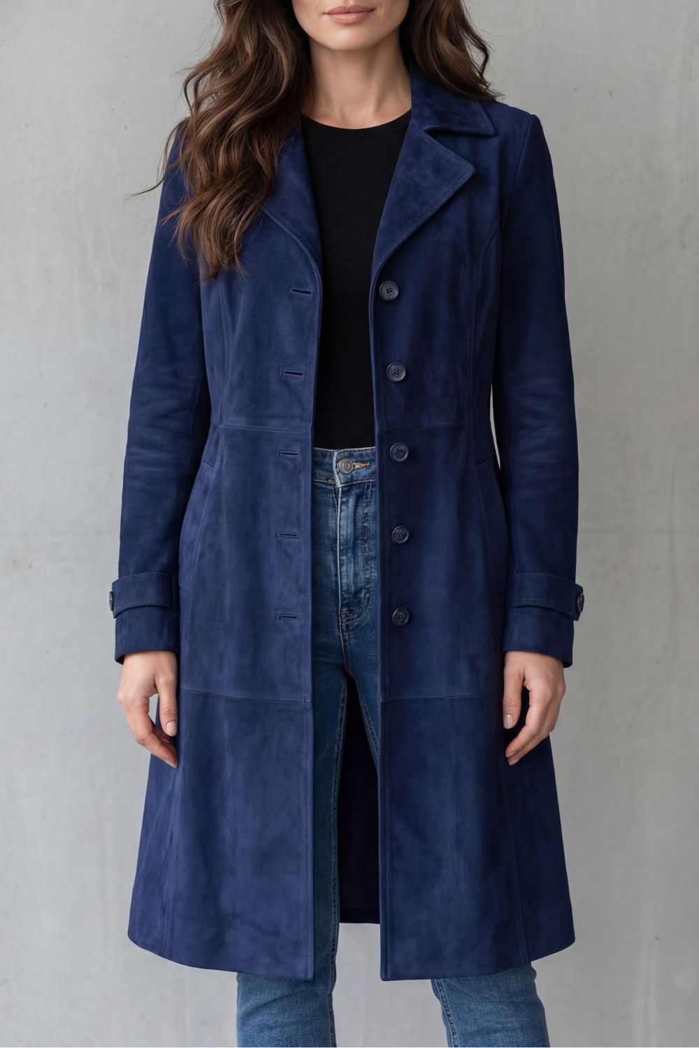 Coralene | Women's Suede-Look Tailored Single-Breasted Notched Lapel Long Coat