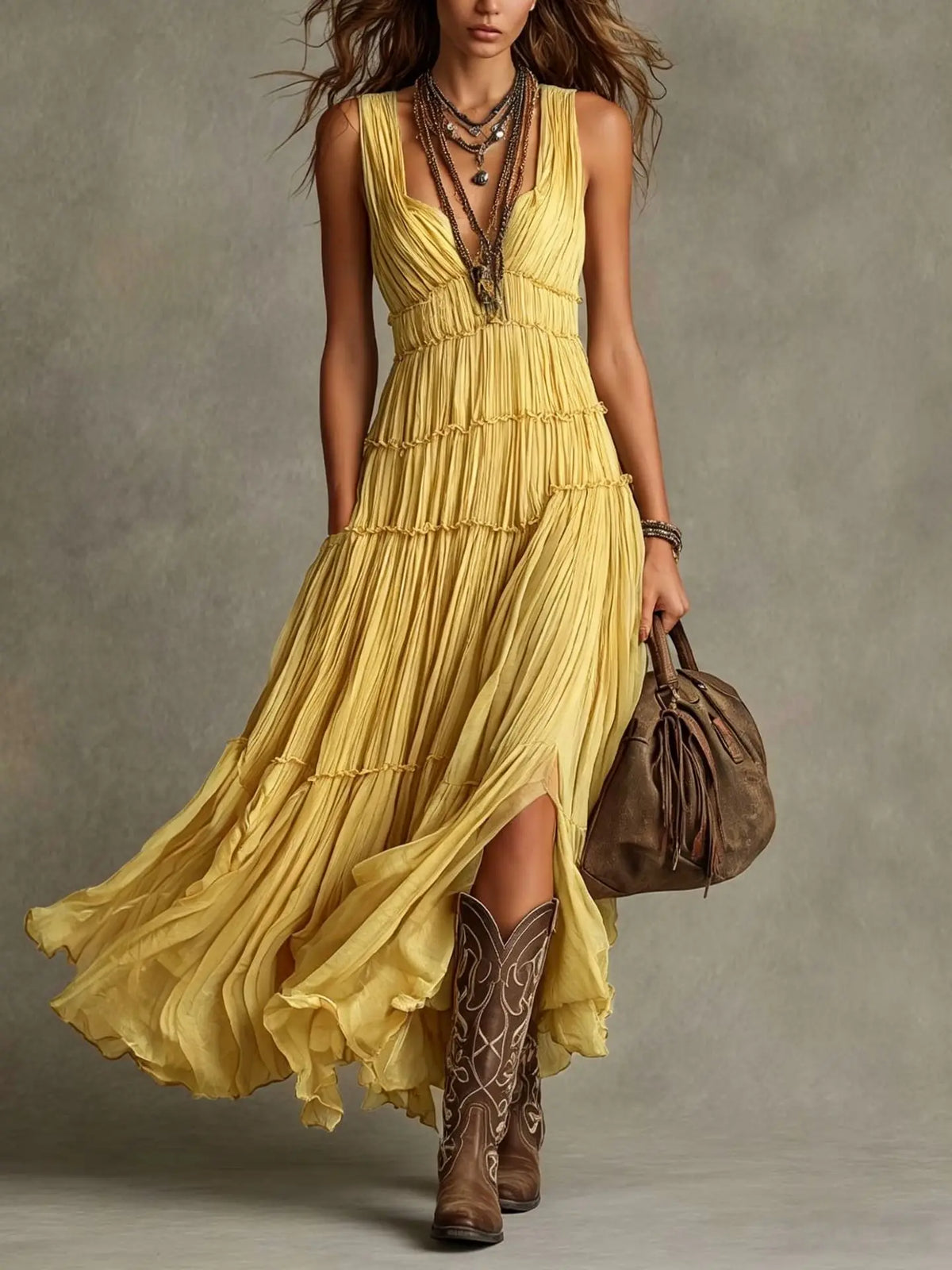 Seraphel | Women's Sleeveless V-Neck Tiered Boho Maxi Dress