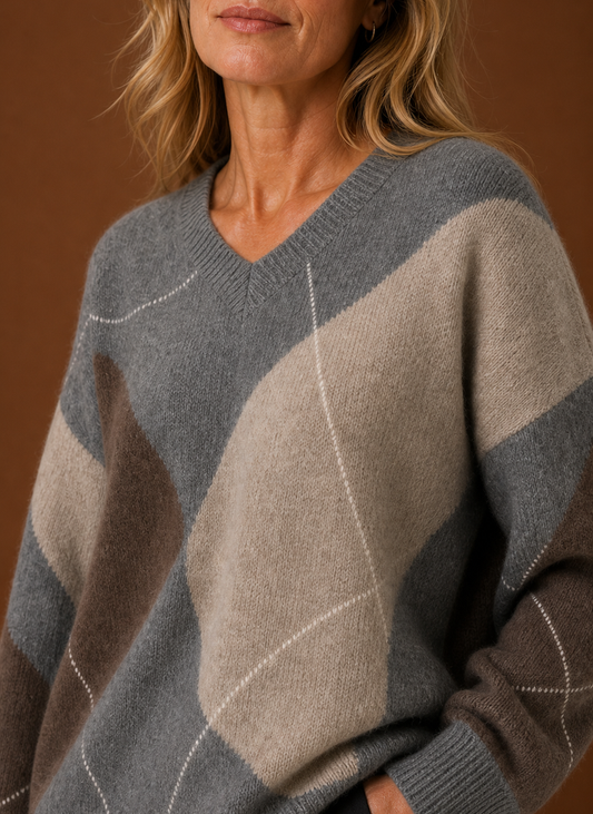 Thessaly | Women's Oversized Argyle Knit V-Neck Jumper