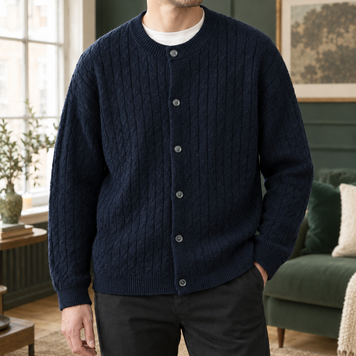 Brennan | Men's Relaxed Cable Knit Crew Neck Button Up Cardigan Sweater
