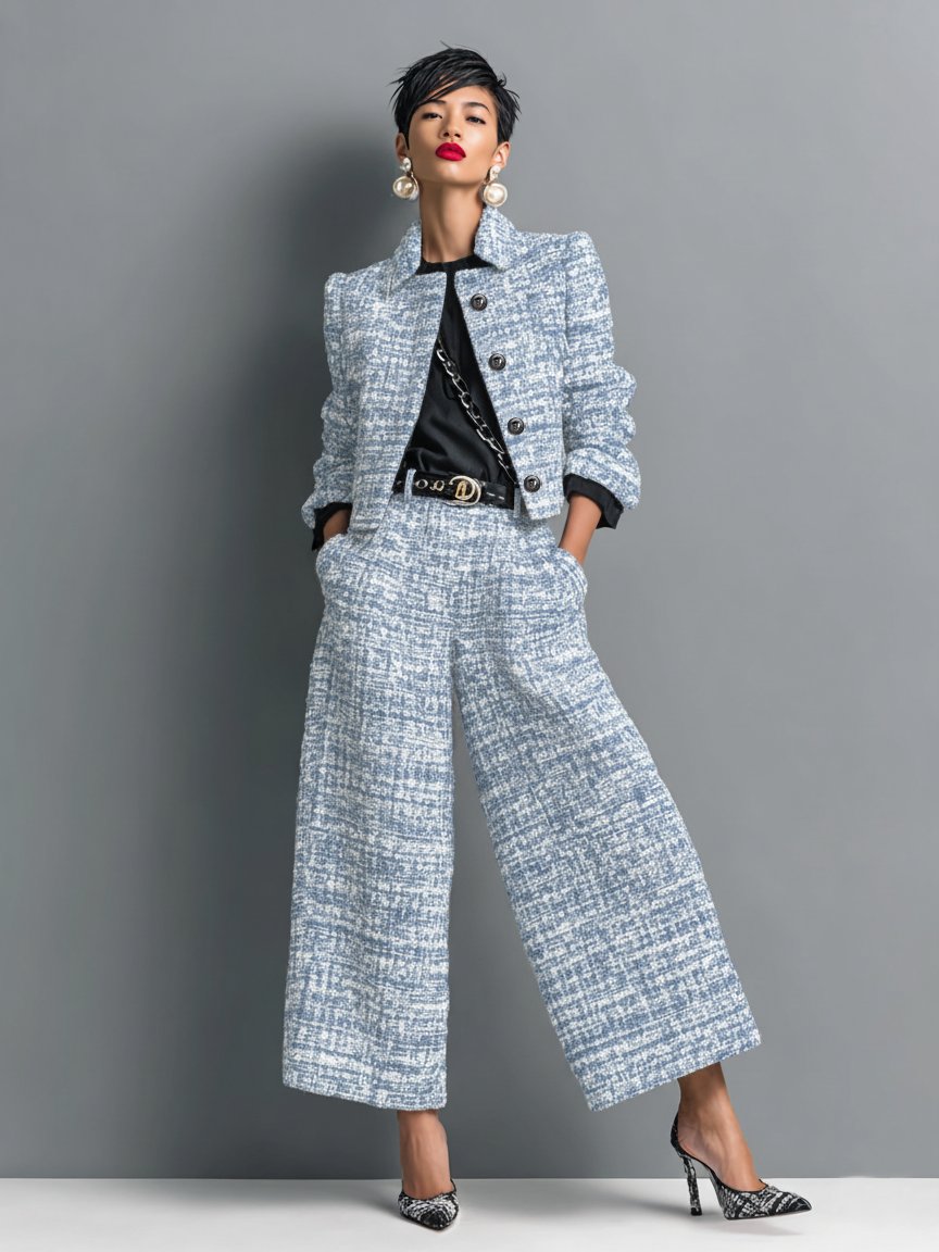Alberta | Women's Tweed Cropped Jacket and High Waisted Wide Leg Pants Two-Piece Set