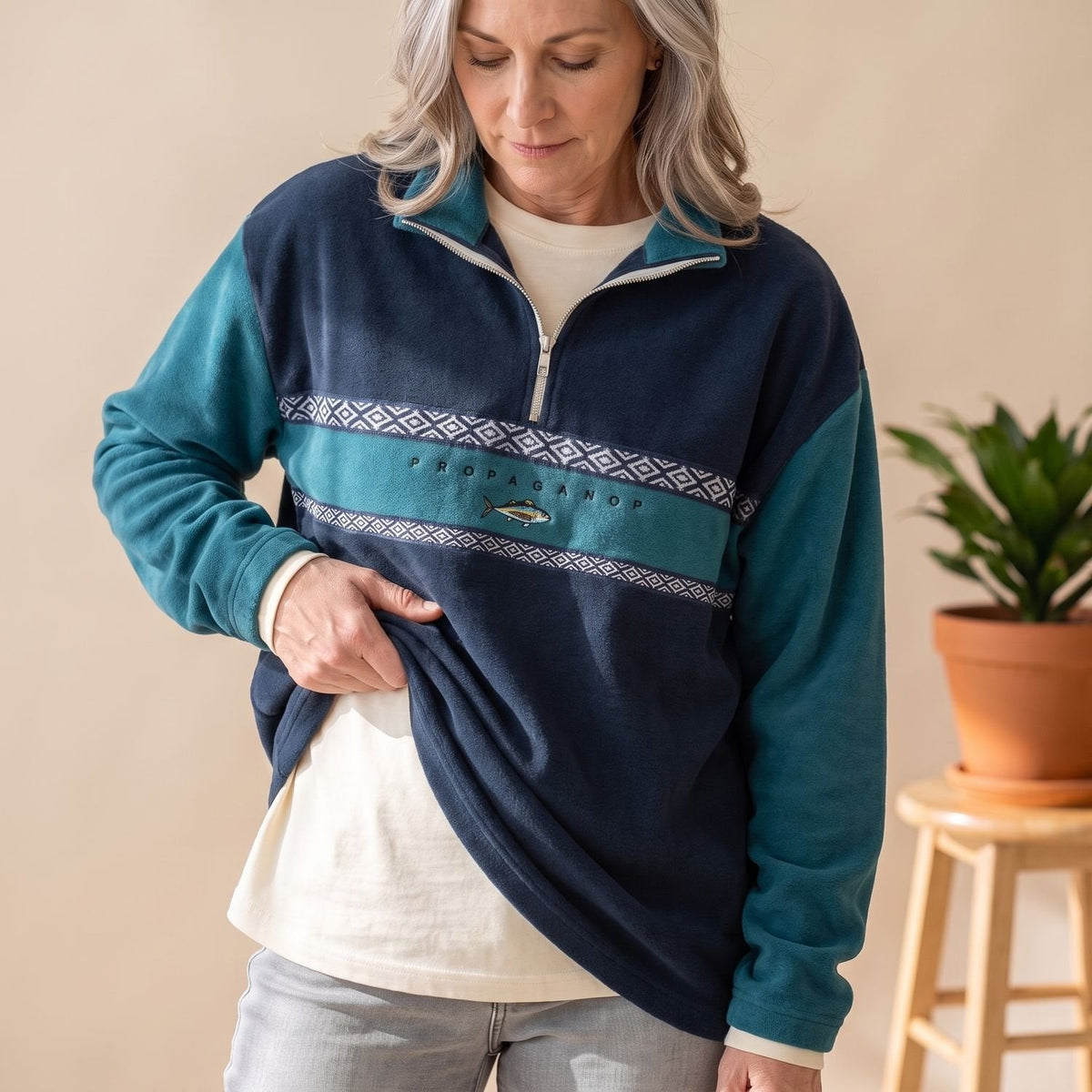 Emmeline | Women's Relaxed Geometric Print Collared Half Zip Pullover Sweater