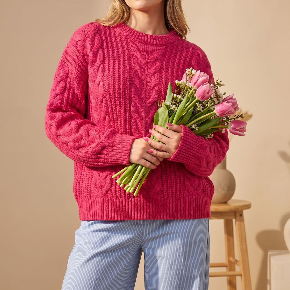 Delia | Women's Oversized Chunky Crew Neck Cable Knit Pullover Sweater