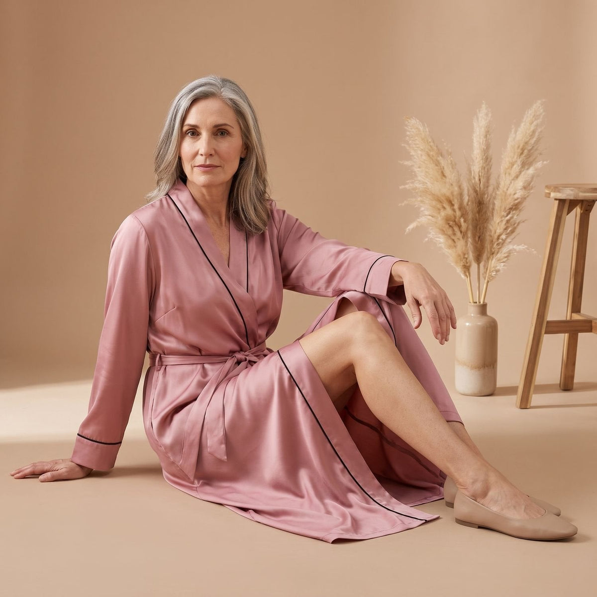 Cassie | Women's Satin Long Sleeve Shawl Collar Contrast Piping Belted Robe