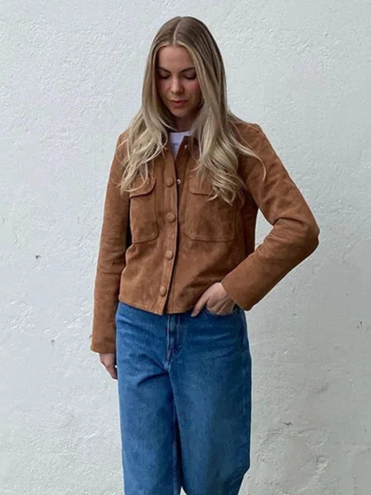 Giselle | Women's Suede-Look Brown Cropped Button-Front Chore Jacket