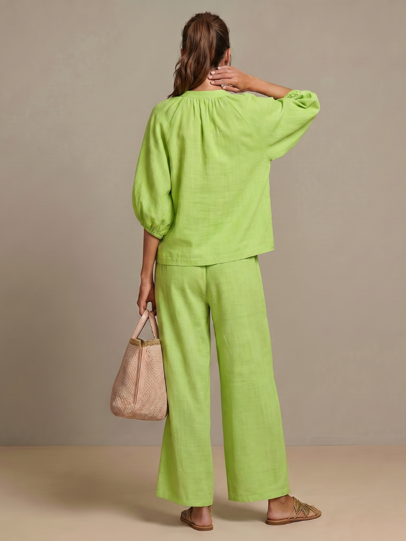 Beverly | Women's Linen Blend Zip-Front Balloon Sleeve Wide Leg Two-Piece Set