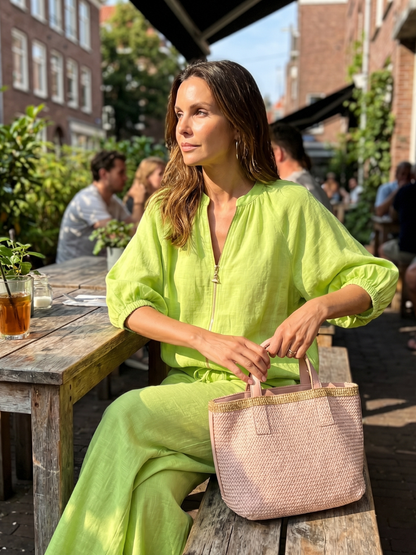 Beverly | Women's Linen Blend Zip-Front Balloon Sleeve Wide Leg Two-Piece Set