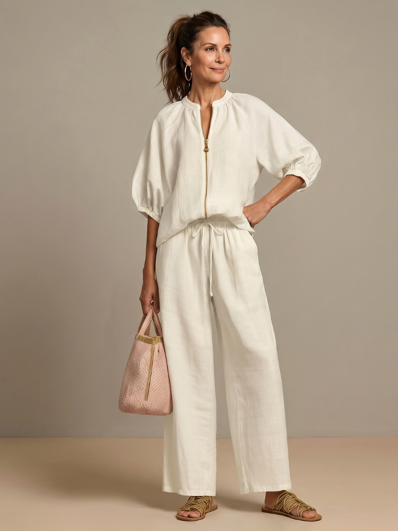 Beverly | Women's Linen Blend Zip-Front Balloon Sleeve Wide Leg Two-Piece Set