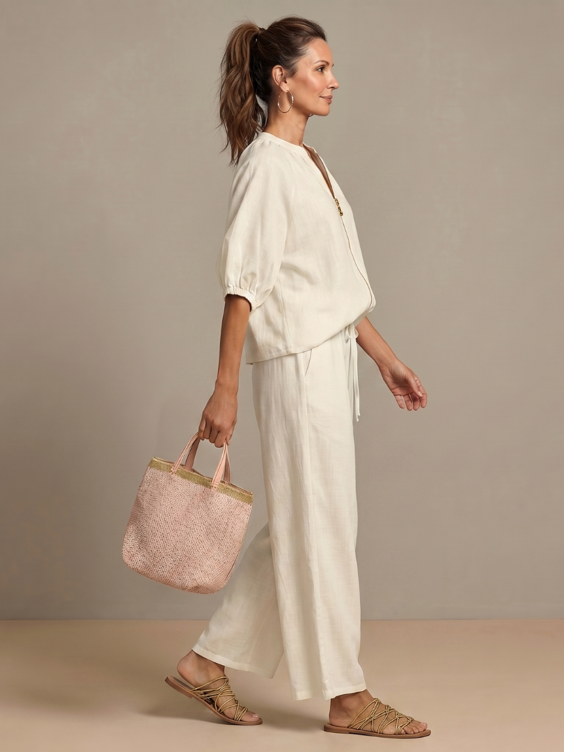 Beverly | Women's Linen Blend Zip-Front Balloon Sleeve Wide Leg Two-Piece Set