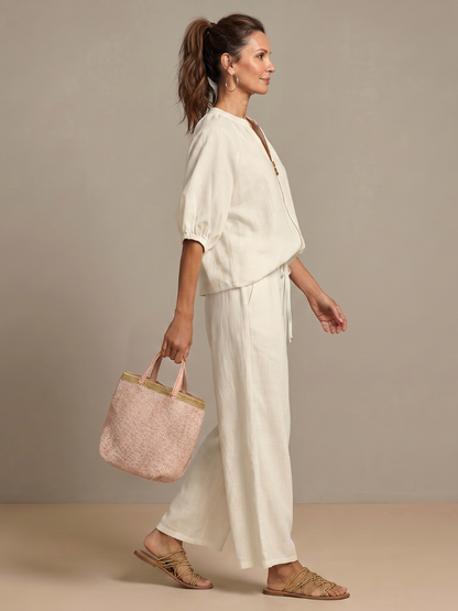 Beverly | Women's Linen Blend Zip-Front Balloon Sleeve Wide Leg Two-Piece Set