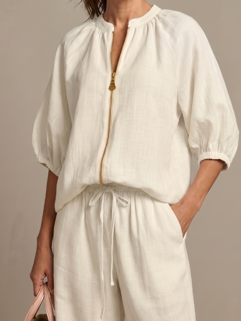 Beverly | Women's Linen Blend Zip-Front Balloon Sleeve Wide Leg Two-Piece Set