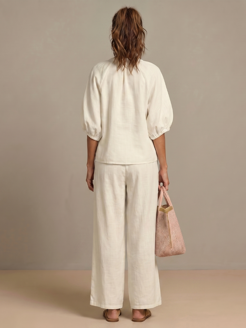 Beverly | Women's Linen Blend Zip-Front Balloon Sleeve Wide Leg Two-Piece Set
