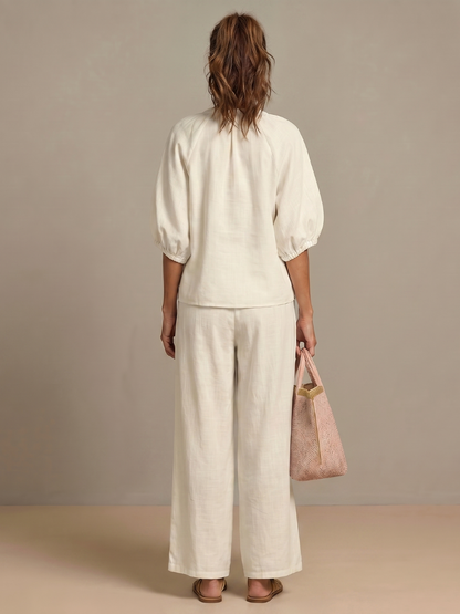 Beverly | Women's Linen Blend Zip-Front Balloon Sleeve Wide Leg Two-Piece Set