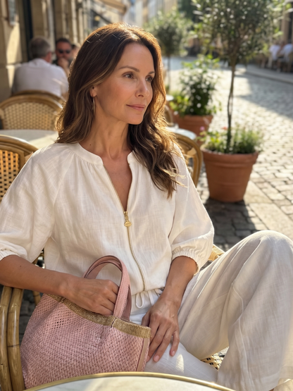 Beverly | Women's Linen Blend Zip-Front Balloon Sleeve Wide Leg Two-Piece Set