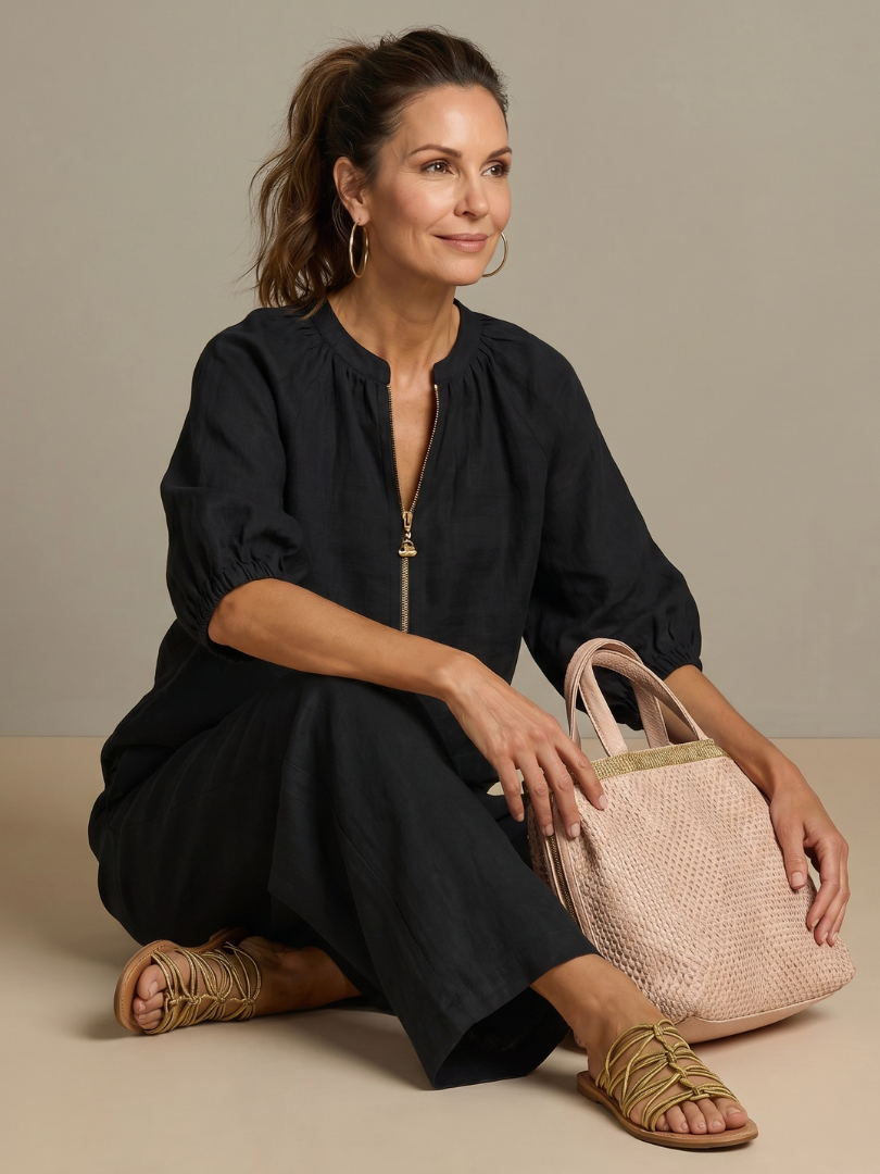 Beverly | Women's Linen Blend Zip-Front Balloon Sleeve Wide Leg Two-Piece Set