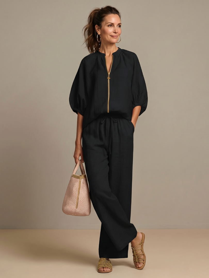 Beverly | Women's Linen Blend Zip-Front Balloon Sleeve Wide Leg Two-Piece Set