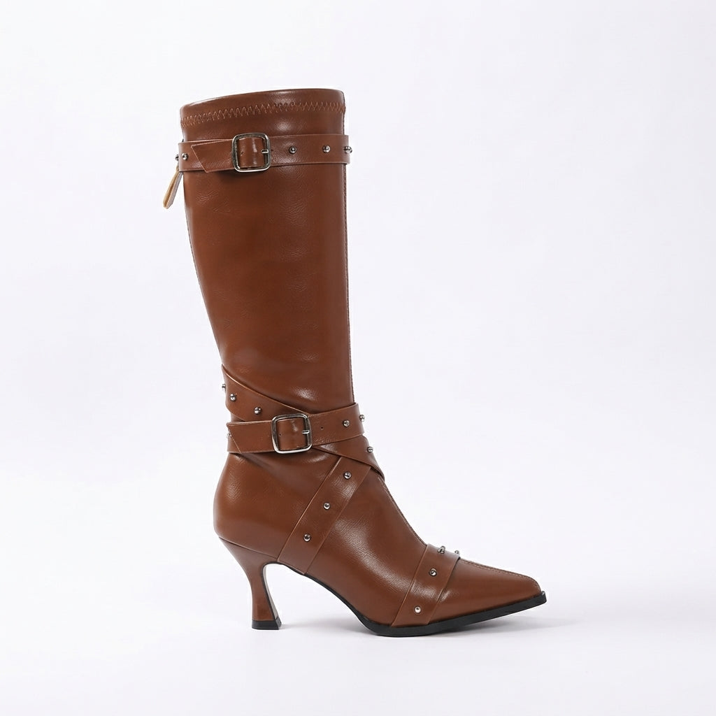 Fernande | Women's Studded Buckle Faux Leather Pointed Toe Block Heel Knee High Boot
