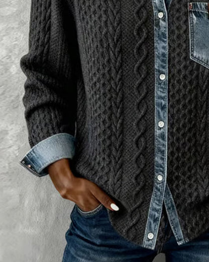 Sierra | Women's Cable Knit Button-Front Denim-Look Long Sleeve Shirt