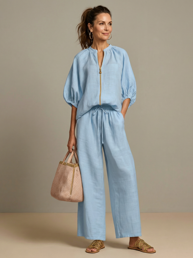 Beverly | Women's Linen Blend Zip-Front Balloon Sleeve Wide Leg Two-Piece Set