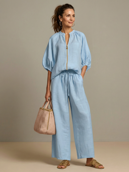Beverly | Women's Linen Blend Zip-Front Balloon Sleeve Wide Leg Two-Piece Set