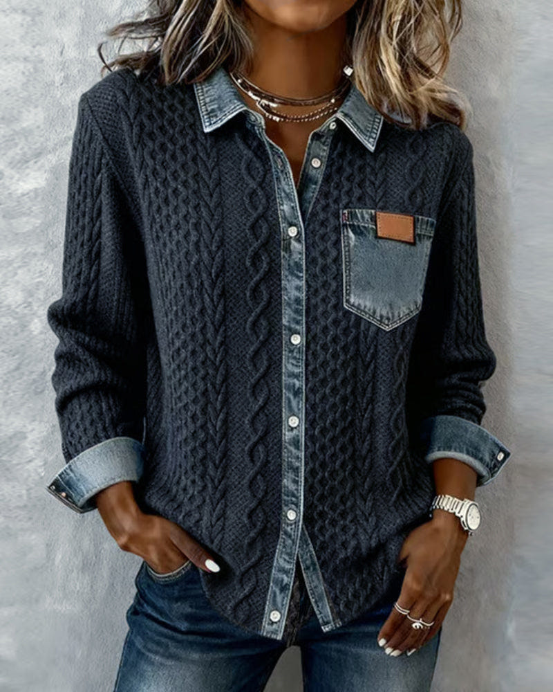Sierra | Women's Cable Knit Button-Front Denim-Look Long Sleeve Shirt