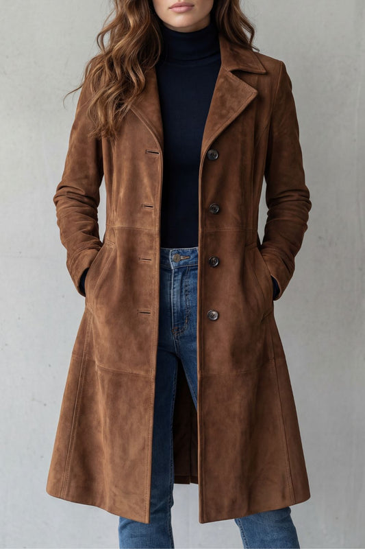 Coralene | Women's Suede-Look Tailored Single-Breasted Notched Lapel Long Coat