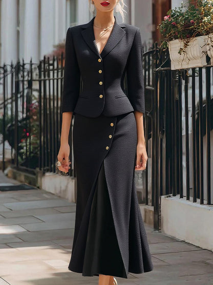 Celeste | Women's Textured Buttoned Two-Piece Blazer and Maxi Skirt Set