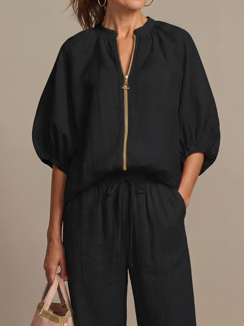 Beverly | Women's Linen Blend Zip-Front Balloon Sleeve Wide Leg Two-Piece Set
