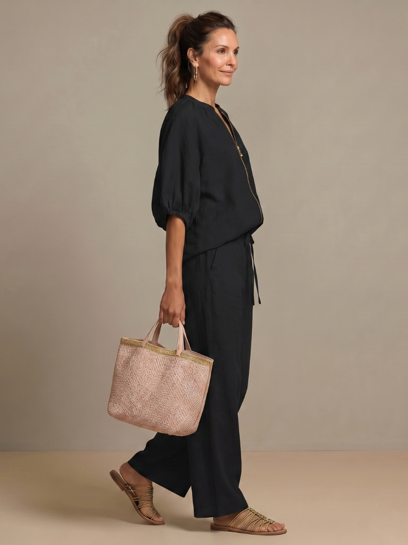 Beverly | Women's Linen Blend Zip-Front Balloon Sleeve Wide Leg Two-Piece Set