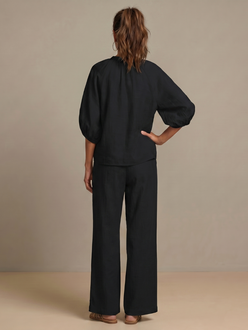 Beverly | Women's Linen Blend Zip-Front Balloon Sleeve Wide Leg Two-Piece Set