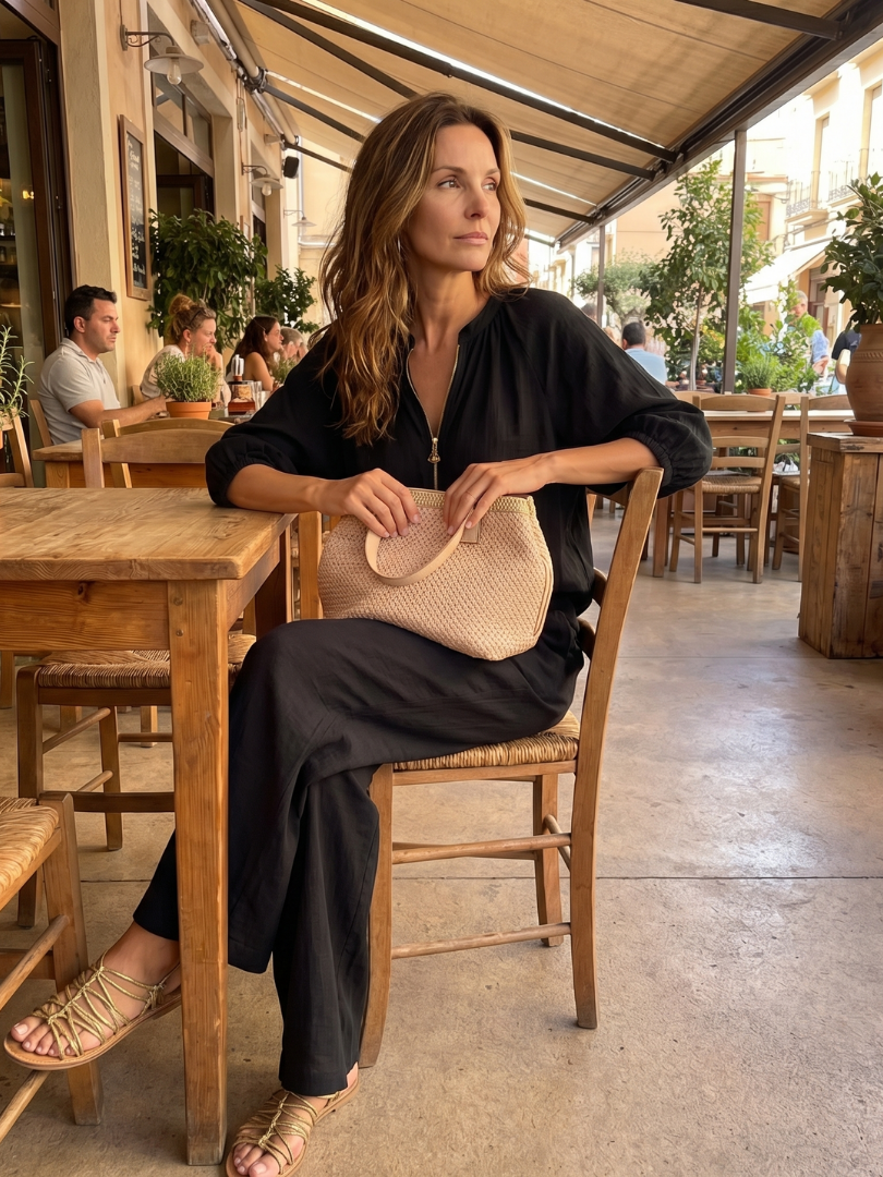 Beverly | Women's Linen Blend Zip-Front Balloon Sleeve Wide Leg Two-Piece Set
