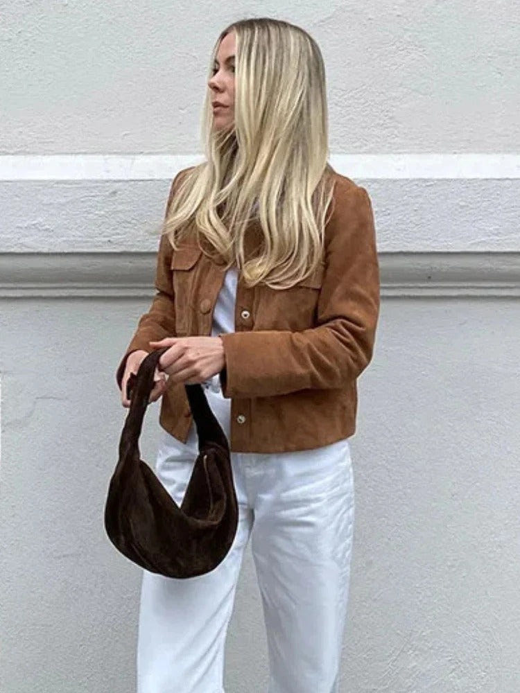 Giselle | Women's Suede-Look Brown Cropped Button-Front Chore Jacket