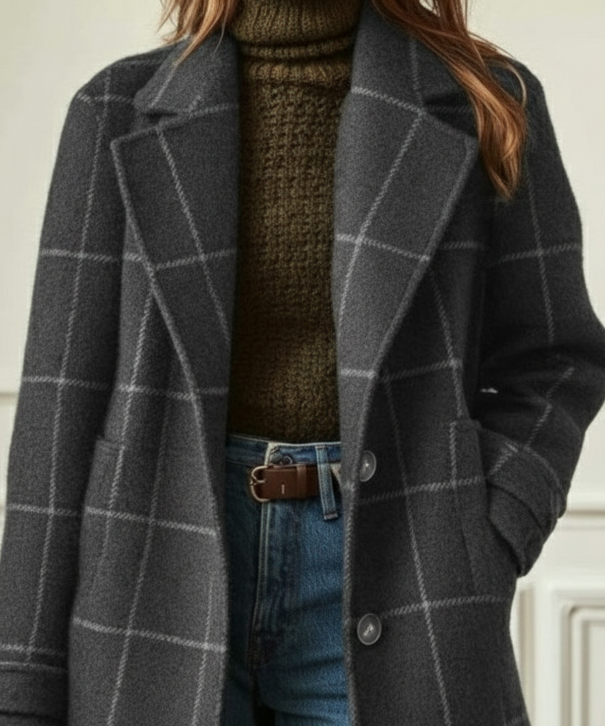 Jennifer | Women's Long Oversized Check Lapel Collar Coat