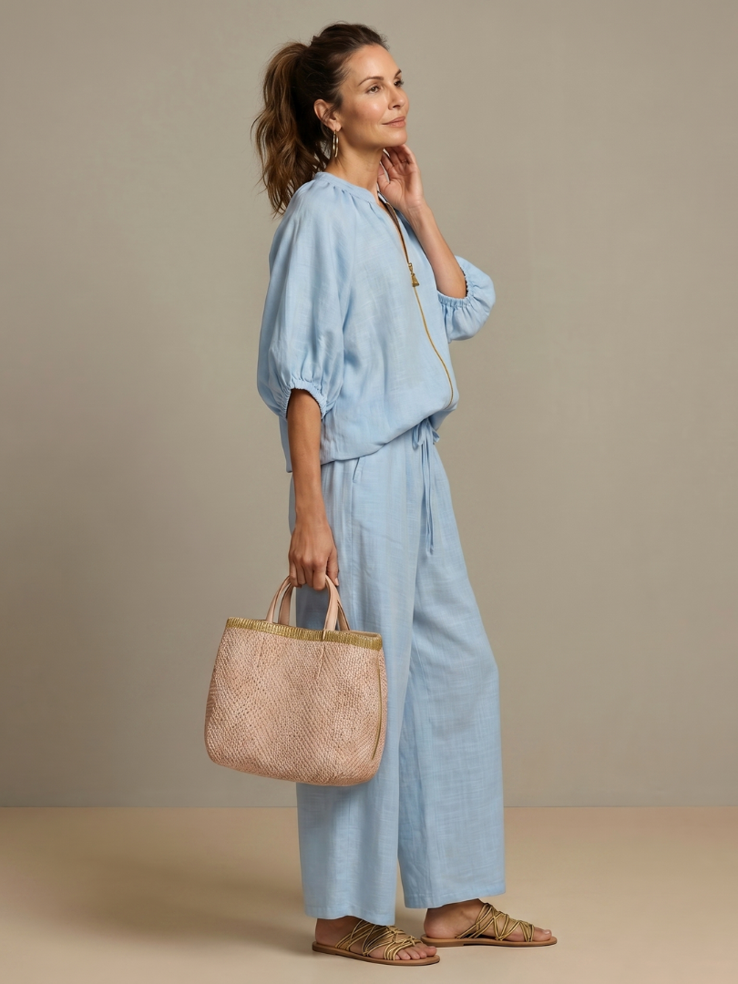 Beverly | Women's Linen Blend Zip-Front Balloon Sleeve Wide Leg Two-Piece Set