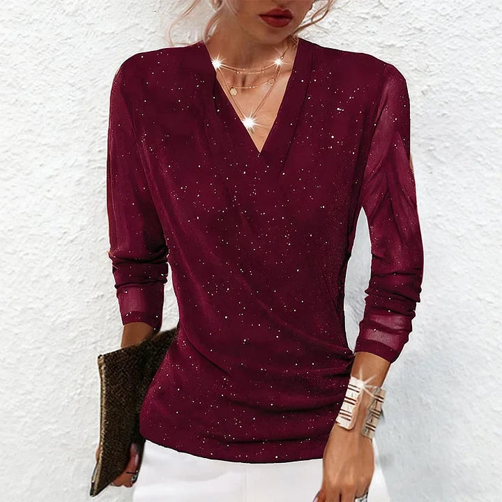 Maribel | Women's V-Neck Long Sleeve Draped Sparkle Blouse