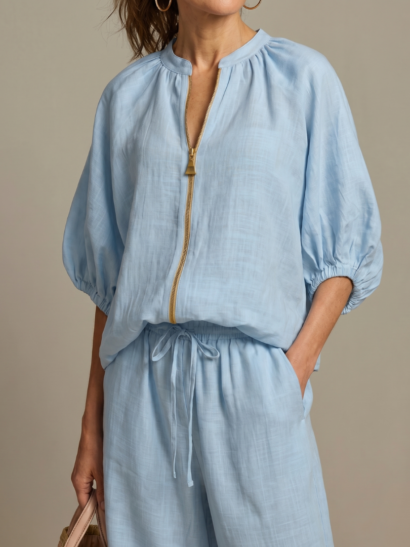 Beverly | Women's Linen Blend Zip-Front Balloon Sleeve Wide Leg Two-Piece Set