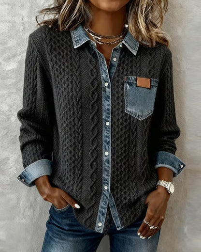 Sierra | Women's Cable Knit Button-Front Denim-Look Long Sleeve Shirt