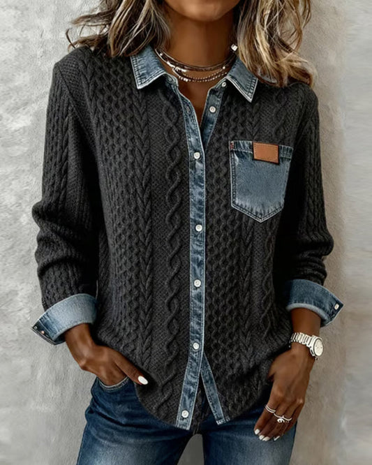 Sierra | Women's Cable Knit Button-Front Denim-Look Long Sleeve Shirt