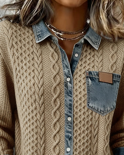 Sierra | Women's Cable Knit Button-Front Denim-Look Long Sleeve Shirt