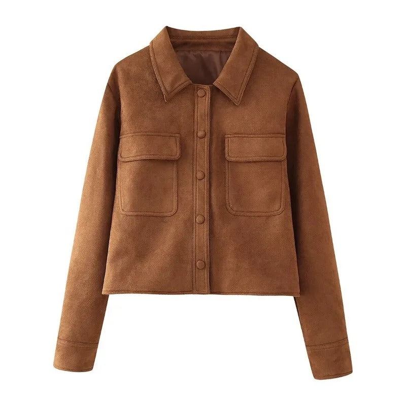 Giselle | Women's Suede-Look Brown Cropped Button-Front Chore Jacket