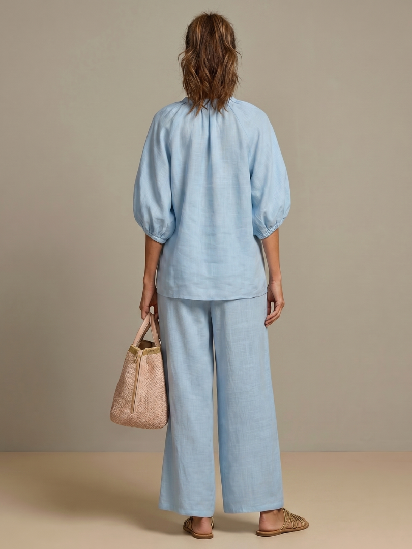 Beverly | Women's Linen Blend Zip-Front Balloon Sleeve Wide Leg Two-Piece Set
