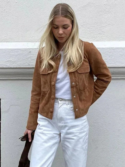 Giselle | Women's Suede-Look Brown Cropped Button-Front Chore Jacket