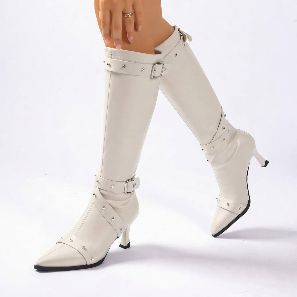 Fernande | Women's Studded Buckle Faux Leather Pointed Toe Block Heel Knee High Boot