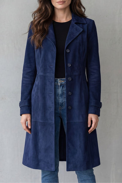 Coralene | Women's Suede-Look Tailored Single-Breasted Notched Lapel Long Coat