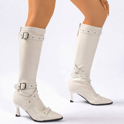 Fernande | Women's Studded Buckle Faux Leather Pointed Toe Block Heel Knee High Boot