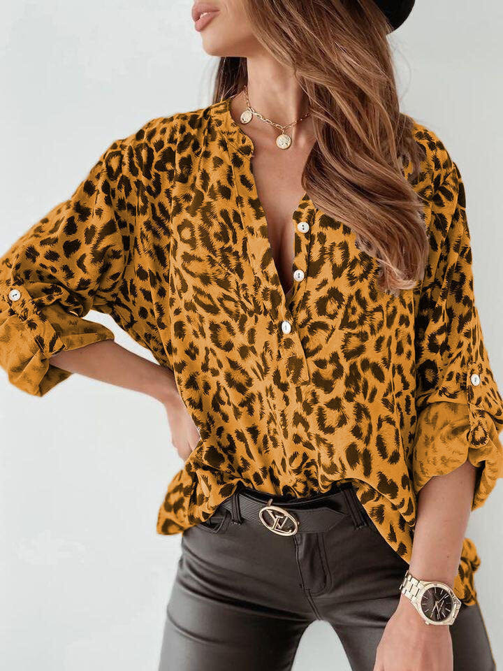 Camilla | Women's Leopard Print V-Neck Long Sleeve Relaxed Fit Blouse