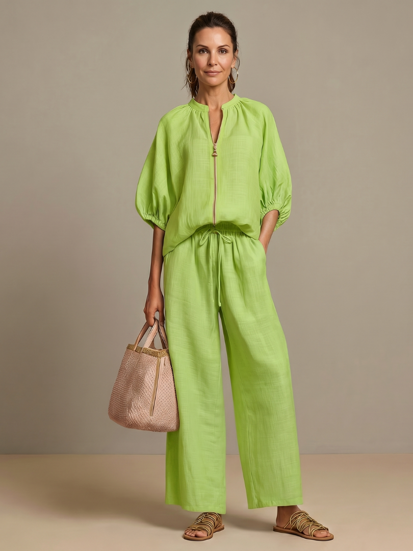 Beverly | Women's Linen Blend Zip-Front Balloon Sleeve Wide Leg Two-Piece Set