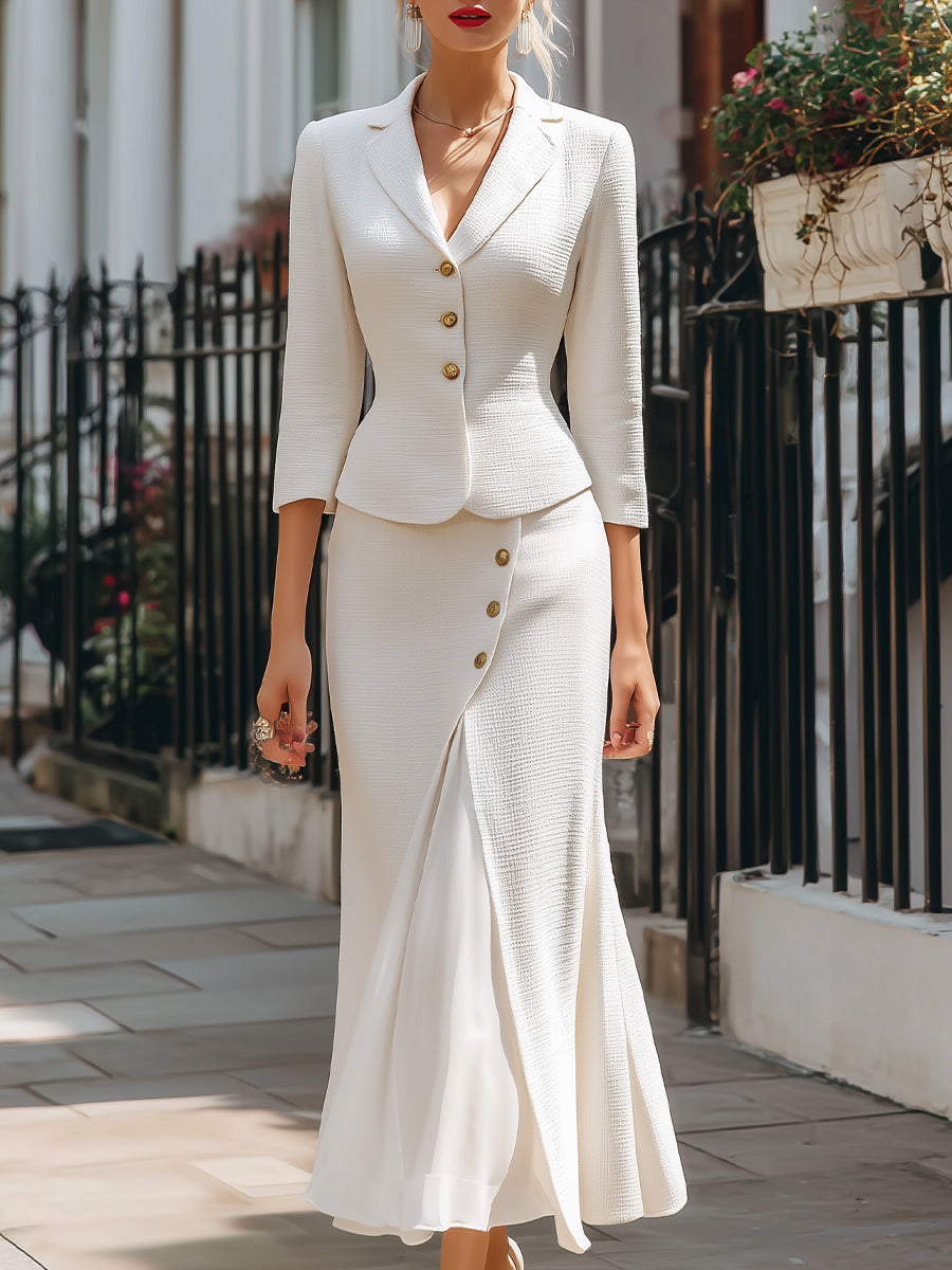 Celeste | Women's Textured Buttoned Two-Piece Blazer and Maxi Skirt Set