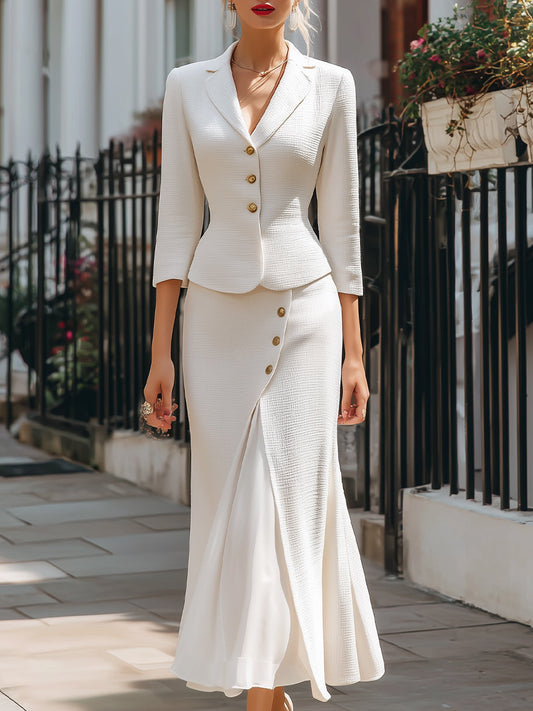 Celeste | Women's Textured Buttoned Two-Piece Blazer and Maxi Skirt Set