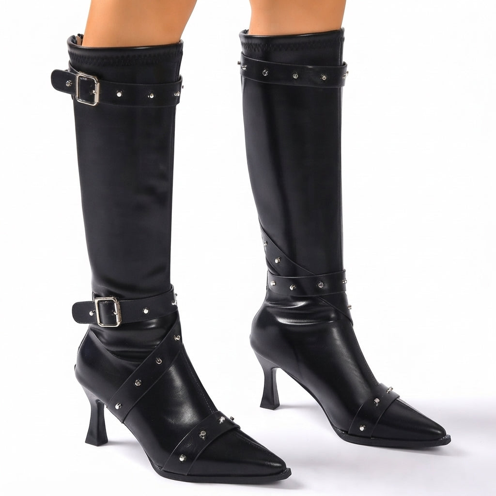 Fernande | Women's Studded Buckle Faux Leather Pointed Toe Block Heel Knee High Boot